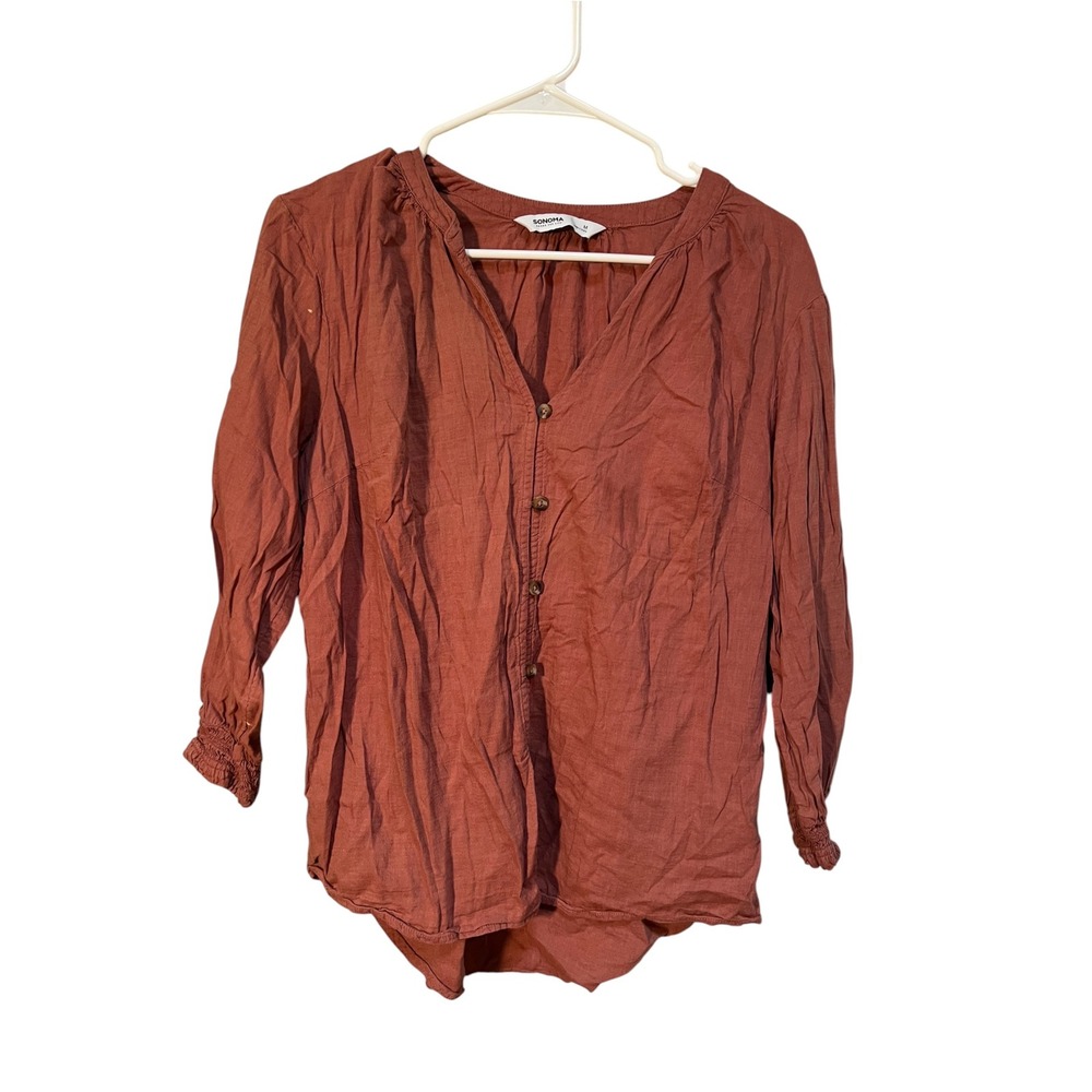Sonoma Women's Size Medium Peasant Blouse Split Neck Button Front Rust Brown